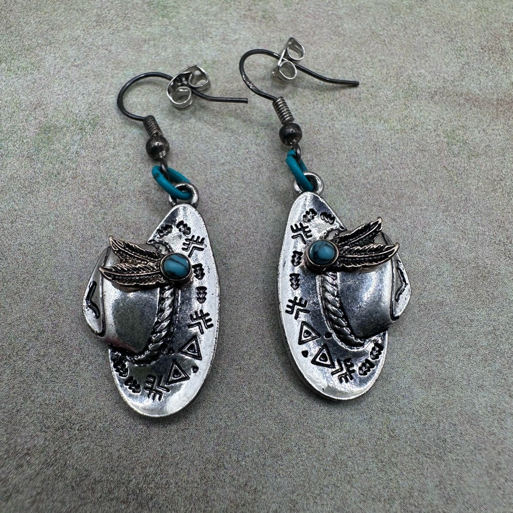 Boho Silver-Tone Turquoise Hat Dangle Earrings - Women Jewelry